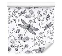 Muralo Carta da parati autoadesiva, con fiori e foglie naturali, boccioli primaverili, libellule volanti, 1000 x 50 cm, per soggiorno, camera da letto