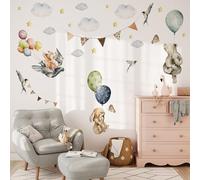 Muralo Set di adesivi da parete per ragazze e ragazzi, acquerello, per cameretta dei bambini, motivo: animali con palloncini colorati e nuvole, larghezza 60 cm x altezza 30 cm