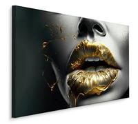Muralo WTD - Quadro su tela con labbra dorate, bocca argentata, effetto 3D, decorazione da parete, design XXL, per soggiorno, camera da letto, ufficio, larghezza 120 cm x altezza 80 cm