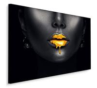 Muralo WTD - Stampa su tela, motivo astratto dorato, per il trucco della bocca, per la camera da letto, il soggiorno, l'ufficio, decorazione da parete, XXL, larghezza 70 x altezza 50 cm