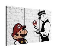 murando Quadro Banksy Super Mario Mushroom Cop 120x80 cm 3 pezzi Stampa su tela in TNT XXL Immagini moderni Murale Fotografia Grafica Decorazione da parete Street Art Graffiti Mattone i-C-0098-b-e