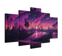 murando - Quadro Miami Skyline Viola Futuristico 225x112 cm 5 Pezzi - Stampa su Tela Strutturata XL Grande - Quadri Moderni Componibili Camera da Letto Matrimoniale - Stampe da Parete d-H-10022-b-c