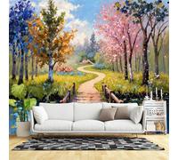 Murasolite Murali da parete di dimensioni personalizzate, sentiero impressionista, alberi forestali, fiori primaverili, vista fiume, pittura a olio, tessuto autoadesivo da parete (senza PVC), grande