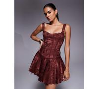 Murci - Vestito corto in raso jacquard strutturato a corsetto color cioccolato con scollo squadrato e fondo a pieghe-Marrone 40