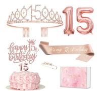 MURISE Decorazione per 15° compleanno, per ragazze, corona e fascia, decorazione per torte e candele, palloncini in pellicola oro rosa, 15, regalo di compleanno per 15 anni per ragazze