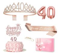 MURISE Decorazione per 40° compleanno donna, corona e fascia oro rosa glitterato, decorazione torta e candele, palloncino oro rosa 40, regalo di compleanno per 40 anni donna
