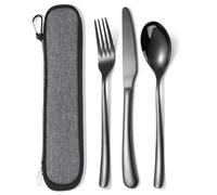 MURRI&MURRDI Set di posate per 1 persona, 3 pezzi, riutilizzabili, posate in acciaio inox lucidato, coltello da campeggio, forchetta, cucchiaio con tasca, lavabile in lavastoviglie (3 nero)