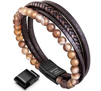 Murtoo Bracciale da Uomo in Pelle Intrecciata Marrone|Nero con Pietra Lava|Onice|Agata con Chiusura Magnetica in Acciaio Regalo per Uomo (Marrone|Agata, 19)