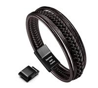 Murtoo Bracciale Uomo in Pelle Marrone Catena Argento Braccialetti Braccialetto Magnetico Chiusura Regalo per Lui (Marrone, 22cm)