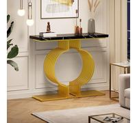 MURUL 100 x 35 x 80 cm, moderno tavolino da caffè nero lucido, piccolo tavolino per soggiorno, console, base dorata può essere installato in due modi
