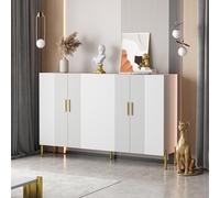 MURUL Armadio multifunzionale moderno semplice, bianco opaco, 4 ante aperte e chiuse, armadio per sala da pranzo con decorazione dorata, 160 x 35 x 100 cm