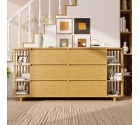 MURUL Cassettiera in rovere 160 cm, design romano con colonne e ripiani in bambù, 6 cassetti e mensole aperte, piedini regolabili in altezza, altezza H75/B160/T40 cm