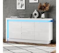 MURUL Credenza 140 x 35 x 72 cm, bianco lucido, con LED, 3 cassetti, 2 ante e ripiani regolabili, per camera da letto e soggiorno