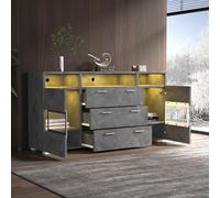 MURUL Credenza moderna, 140 cm, grigio, con illuminazione a LED e ante in acrilico trasparente, 2 ante, 3 cassetti più spazio aperto, mobiletto, armadio, credenza, mobile angolare