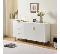 MURUL Credenza moderna con due ante e tre cassetti, elegante mobile in MDF, lega di alluminio dorata, robuste gambe in acciaio, elegante spazio per soggiorno o sala da pranzo, bianco