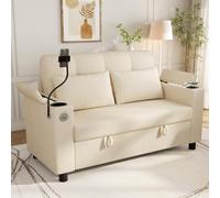 MURUL Divano a 2 posti, moderno, con vano portaoggetti nascosto, chiusura con bottoni sullo schienale, portabevande, braccioli, porta cellulare, 2 cuscini lombari, velluto a coste beige