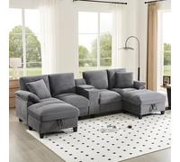 MURUL Divano a forma di U 4 posti, tessuto in velluto a coste, con vano portaoggetti, porte USB, portabevande e cuscini - per soggiorno, camera da letto e altro ancora