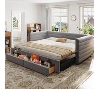 MURUL Divano letto imbottito 3 in 1 90 x 190 cm, grigio lino di cotone, con cassetti, allungabile per letto matrimoniale, con rete a doghe, senza materasso