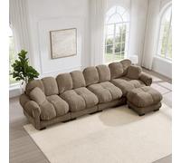 MURUL Divano modulare per soggiorno a forma di L a 4 posti, in ciniglia, con pouf mobile, design trapuntato fine, morbido e di supporto, schienale ergonomico, facile da montare, marrone