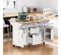 MURUL Isola da cucina mobile allungabile, bianca, con ruote, cassetti, portasciugamani e prese, ideale per cucina e sala da pranzo