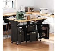MURUL Isola da cucina mobile allungabile, nera, con ruote, cassetti, portasciugamani e prese, ideale per cucina e sala da pranzo