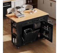 MURUL Isola della cucina con ruote, tavolo da pranzo allungabile, isola della cucina con scomparto per rifiuti e porta asciugamani, carrello da portata mobile con prese, ideale per cucina e sala da