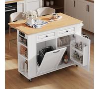 MURUL Isola della cucina con ruote, tavolo da pranzo allungabile, isola della cucina con scomparto per rifiuti e porta asciugamani, carrello da portata mobile con prese, ideale per cucina e sala da