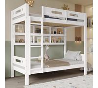 MURUL Letto a castello con griglia di protezione anticaduta, scaffale aperto, scala a cinque livelli, ampio spazio per riporre oggetti, pino + MDF, 90 x 200 cm, bianco e naturale