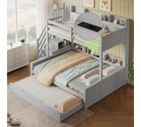 MURUL Letto a castello con letto estraibile, 90 x 200 cm, oltre 140 x 200 cm, contenitore integrato, multifunzionale, in legno massiccio, grigio