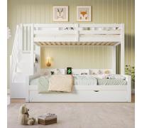 MURUL Letto a castello con letto estraibile, 90 x 200 cm, oltre 140 x 200 cm, contenitore integrato, multifunzionale, in legno massiccio, bianco