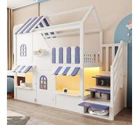 MURUL Letto a castello per bambini, 90 x 200 cm, bianco e blu, design a forma di casa con finestre, tetto, sporgenza del tetto, ringhiera e porta, con scala portaoggetti, illuminazione a LED e ripiani