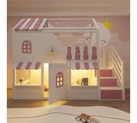 MURUL Letto a castello per bambini, 90 x 200 cm, bianco e rosa, design a forma di casa con finestre, tetto, sporgenza del tetto, ringhiera e porta, con scala portaoggetti, illuminazione a LED e