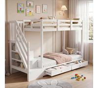 MURUL Letto a castello per bambini, letto matrimoniale, multifunzionale, con armadio a scale e 2 cassetti, senza materasso, il livello inferiore utilizzato come letto o divano e include cuscini