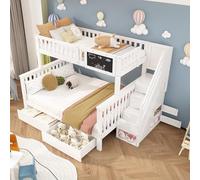 MURUL Letto a castello per bambini, multifunzionale, letto matrimoniale, con lavagna e cassetti, senza materasso, bianco, 90 x 200 + 140 x 200 cm