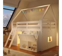 MURUL Letto a soppalco con scala, contenitore con coperchio a ribalta e tasche in tessuto, bianco