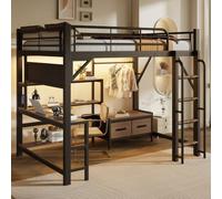 MURUL Letto a soppalco da 140 x 200 cm, telaio in ferro, pannello forato, più ripiani, cassetti in tessuto, scrivania, ringhiera di sicurezza, barre di sospensione, senza materasso, nero