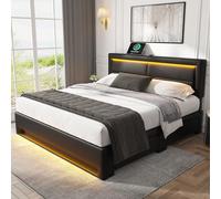 MURUL Letto imbottito 140 x 190 cm, nero PU, con stazione di ricarica USB, illuminazione a LED, 4 cassetti