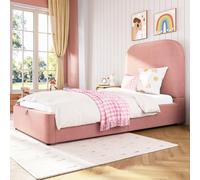 MURUL Letto singolo, letto 90 x 200 cm, letto funzionale idraulico, letto con rete a doghe, testiera e ampio spazio di archiviazione, testiera imbottita, velluto rosa.