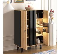 MURUL Mobiletti, credenza, vetrine con vetro e illuminazione a LED. Include laminati, design unico a strisce di legno nero, una combinazione di colori nero e legno