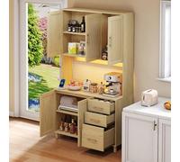 MURUL Mobiletto da cucina, buffet da 183 cm, luci decorative a LED controllate da app, 2 USB, 2 prese di corrente, ripiani regolabili, 3 cassetti, maniglie in metallo dorato, ideale per cucine e sala