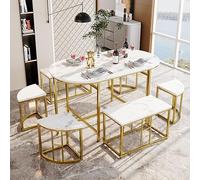 MURUL Set da pranzo con cuscini in MDF bianco e struttura in ferro dorato, tavolo da pranzo con sei sedie, moderno e lussuoso