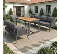 MURUL Sette personen - Set di divani da giardino a forma di L, braccioli intrecciati, in ferro resistente alle intemperie, con tavolo e poltrona, rivestimento grigio/beige