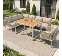 MURUL Sette personen - Set di divani da giardino a forma di L, braccioli intrecciati, in ferro resistente alle intemperie, con tavolo e poltrona, rivestimento grigio/beige