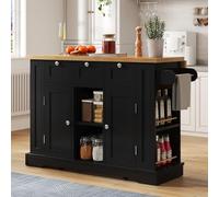MURUL Tavolo da cucina mobile, 132 cm, stile rustico, piano di lavoro pieghevole, armadio, cassetto, portaspezie, porta asciugamani, presa integrata, 5 rotoli (naturale + nero)