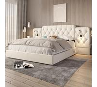 MURUL Telaio letto con testiera lunga, 160 × 200 cm, materiale di velluto alla moda, stile letto europeo, più porte USB, spazio extra grande nella parte inferiore, lampada da scrivania, sistema