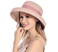 Muryobao, Cappello da donna in paglia estivo con protezione UV da viaggio, pieghevole, cappello da pescatore in stile vintage, per spiaggia e pesca, Rosa, Taglia unica