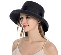 Muryobao, Cappello da donna in paglia estivo con protezione UV da viaggio, pieghevole, cappello da pescatore in stile vintage, per spiaggia e pesca, nero, Taglia unica