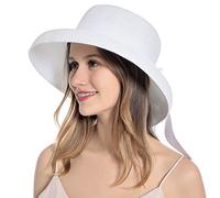 Muryobao, Cappello da donna in paglia estivo con protezione UV da viaggio, pieghevole, cappello da pescatore in stile vintage, per spiaggia e pesca, bianco, Taglia unica