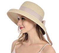 Muryobao Cappello di paglia da donna, estivo, protezione UV, da viaggio, pieghevole, cappello da pescatore vintage cloche da spiaggia, Beige, Taglia unica