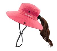 Muryobao - Cappello estivo da donna a tesa larga, protezione dai raggi UV, con foro per coda di cavallo - rosso - Taglia unica